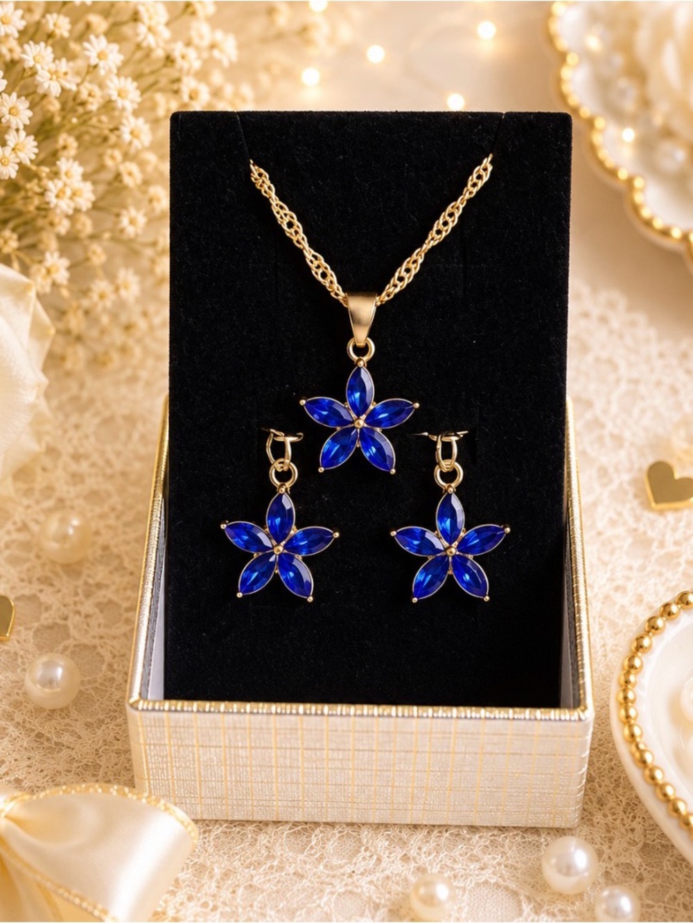 Gold-Plated Blue Floral Pendant Necklace and Earring Set-NWOT